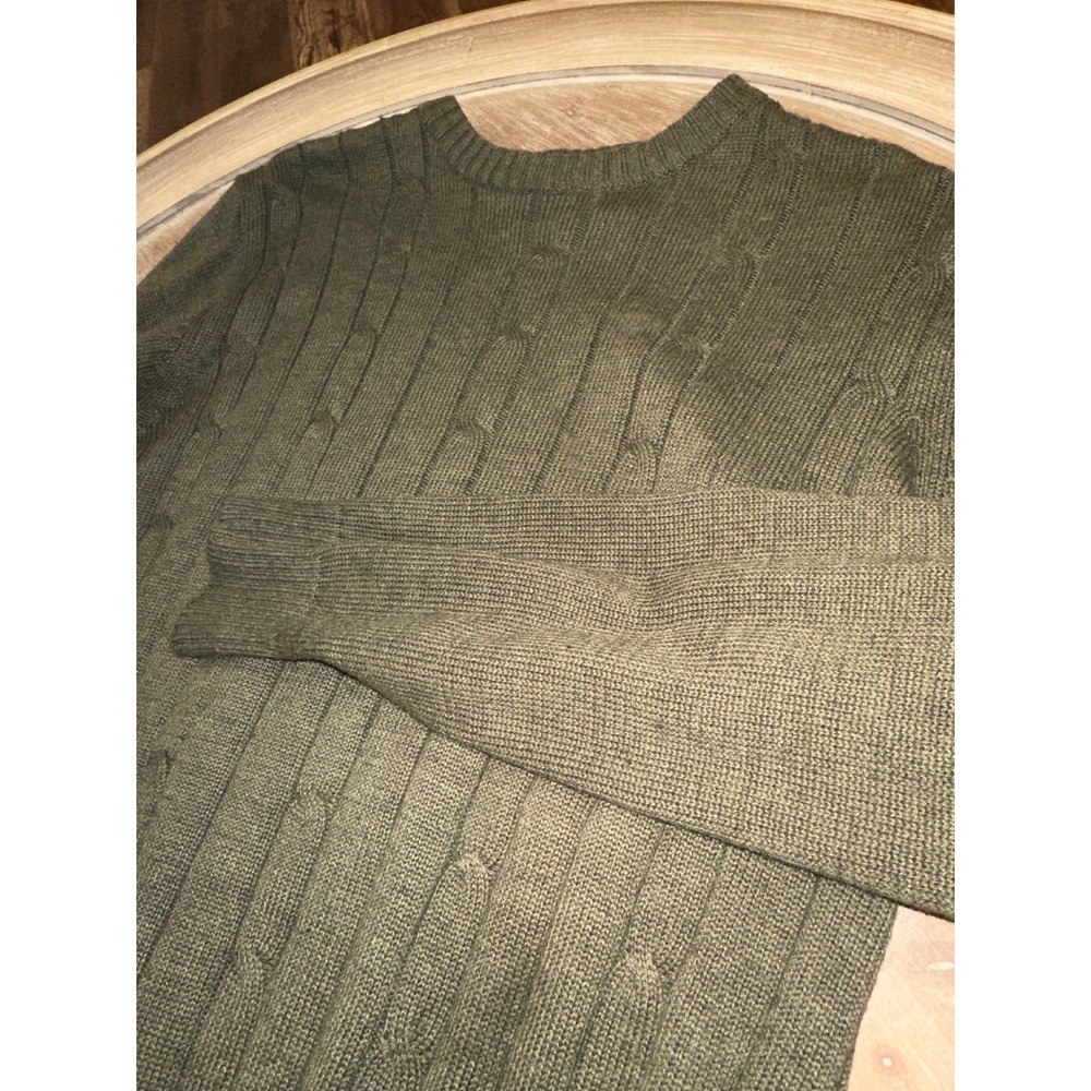 Oscar de la Renta Mens Olive Green Cable Knit Crewneck Sweater Large